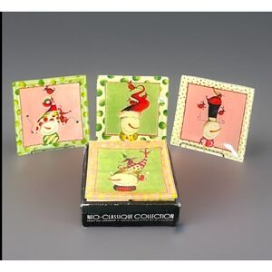 Neo Classique Collection Crazy Hat Snowman 6" Sq Glass Dishes Winter Set of 4